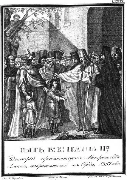 Grand Prince Dmitry Ivanovich welcome Metropolitan Alexis. 1357 (From Illustrated Karamzin), 1836. Artist: Chorikov, Boris Artemyevich (1802-1866)