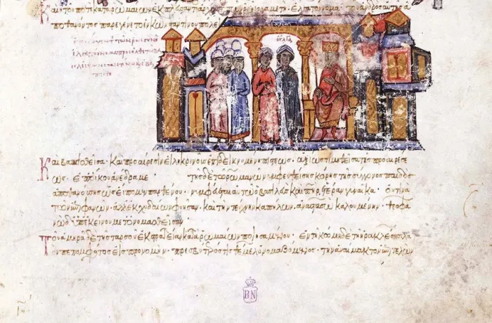 Framed Print : Grand Princess Olga visiting Constantine VII (Miniature from the Madrid Skylitzes), 11th-12th centur Artist: Anonymous Framed Print : Grand Princess Olga visiting Constantine VII (Miniature from the Madrid Skylitzes), 11th-12th centur Artist: Anonymous