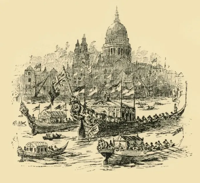 Framed Print : A grand procesiion of decorated barges from Whitehall to Limehouse, (1907). Creator: Unknown Framed Print : A grand procesiion of decorated barges from Whitehall to Limehouse, (1907). Creator: Unknown