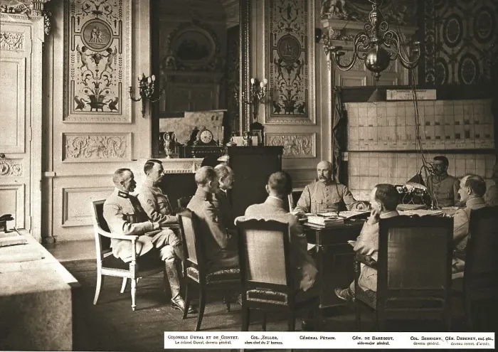 Framed Print : At Grand Quartier General; Daily briefing in the office of the General Commander-in-Chief.. 1917. Creator: Unknown Framed Print : At Grand Quartier General; Daily briefing in the office of the General Commander-in-Chief.. 1917. Creator: Unknown