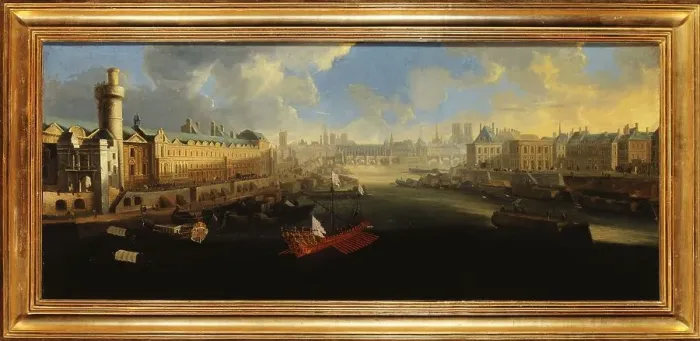 Framed Print : Grande Galerie of the Louvre, with new door, the Pont-Neuf, the city, the college... around 1665. Creator: Unknown Framed Print : Grande Galerie of the Louvre, with new door, the Pont-Neuf, the city, the college... around 1665. Creator: Unknown