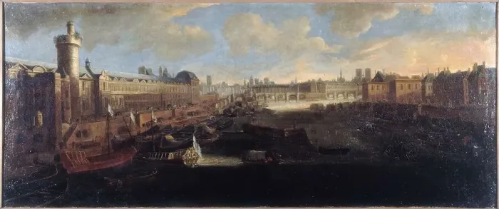 Framed Print : Grande Galerie of the Louvre, with new gate, the Pont-Neuf, the city, the college... around 1665. Creator: Unknown Framed Print : Grande Galerie of the Louvre, with new gate, the Pont-Neuf, the city, the college... around 1665. Creator: Unknown