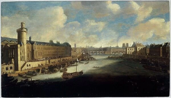 Grande Galerie of the Louvre, with new gate, the Pont-Neuf, the city, College... around 1665. Creator: Unknown