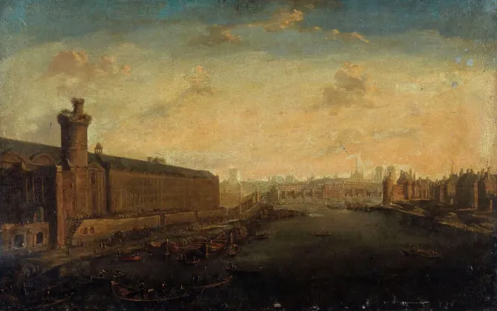 Framed Print : Grande Galerie of the Louvre, with Porte Neuve, Pont-Neuf, the Cité, Tour de Nesle...around 1640, Creator: Unknown Framed Print : Grande Galerie of the Louvre, with Porte Neuve, Pont-Neuf, the Cité, Tour de Nesle...around 1640, Creator: Unknown