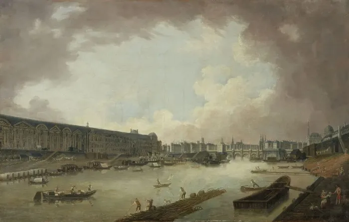Framed Print : Grande Galerie, the Pont-Neuf and the Ile de la Cite, seen from the Pont Royal, c1775. Creator: Pierre-Antoine Demachy Framed Print : Grande Galerie, the Pont-Neuf and the Ile de la Cite, seen from the Pont Royal, c1775. Creator: Pierre-Antoine Demachy