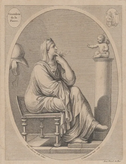 Framed Print : Grandeur de la pierre, after Eliz. Cheron, 1665-1728. Creator: Charles-Louis Simonneau Framed Print : Grandeur de la pierre, after Eliz. Cheron, 1665-1728. Creator: Charles-Louis Simonneau