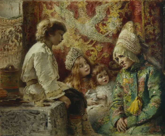 Framed Print : Grandma with Kids (Grandmothers Fairy Tale), 1882. Artist: Makovsky, Konstantin Yegorovich (1839-1915) Framed Print : Grandma with Kids (Grandmothers Fairy Tale), 1882. Artist: Makovsky, Konstantin Yegorovich (1839-1915)