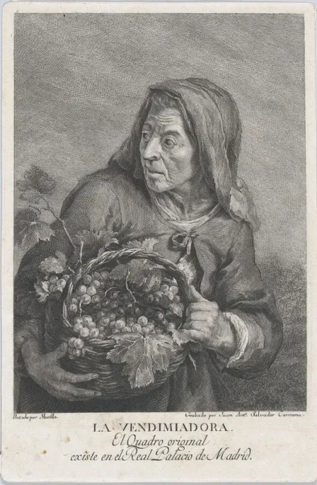 Framed Print : The grape-picker, and elderly woman holding a basket of grapes, after Murillo, ca. 1780-1805. Creator: Juan Antonio Salvador Carmona Framed Print : The grape-picker, and elderly woman holding a basket of grapes, after Murillo, ca. 1780-1805. Creator: Juan Antonio Salvador Carmona