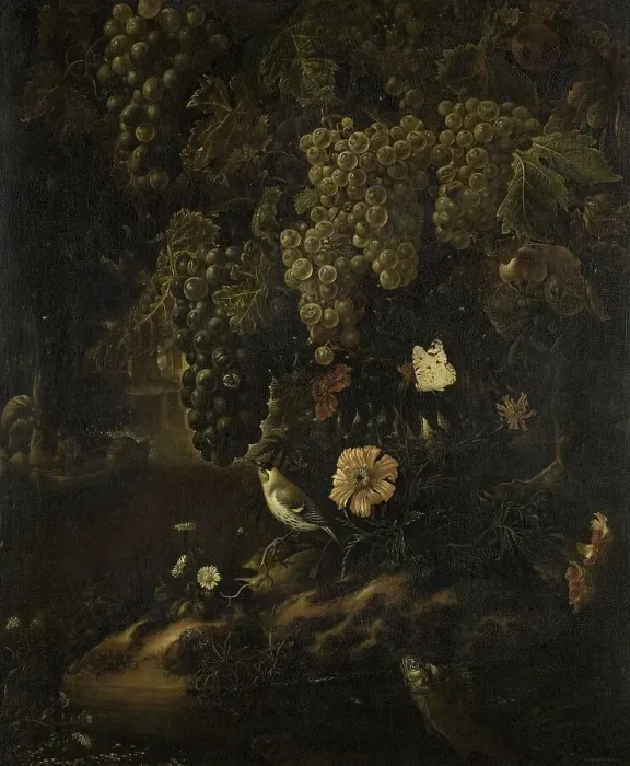 Framed Print : Grapes, Flowers and Animals, 1665-1719. Creator: Isac Vromans Framed Print : Grapes, Flowers and Animals, 1665-1719. Creator: Isac Vromans