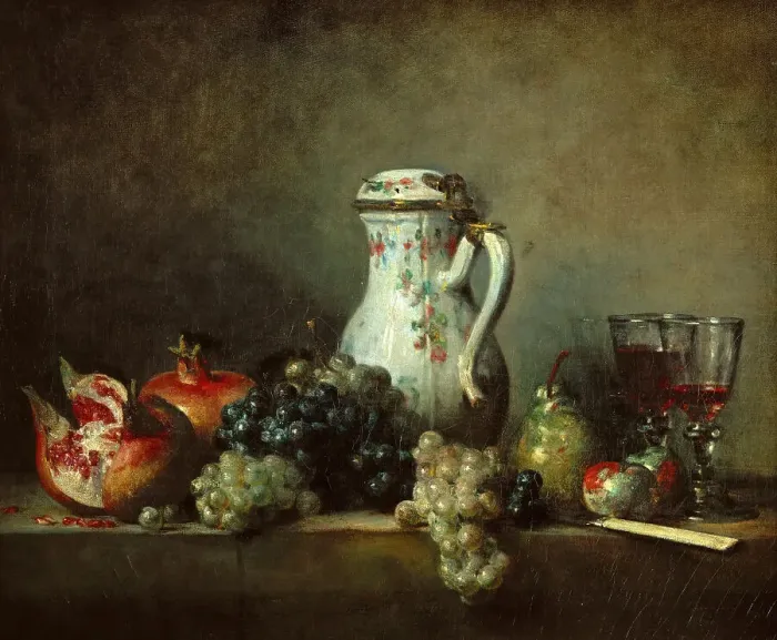 Framed Print : Grapes and pomegranates. Artist: Chardin, Jean-Baptiste Simeon (1699-1779) Framed Print : Grapes and pomegranates. Artist: Chardin, Jean-Baptiste Simeon (1699-1779)
