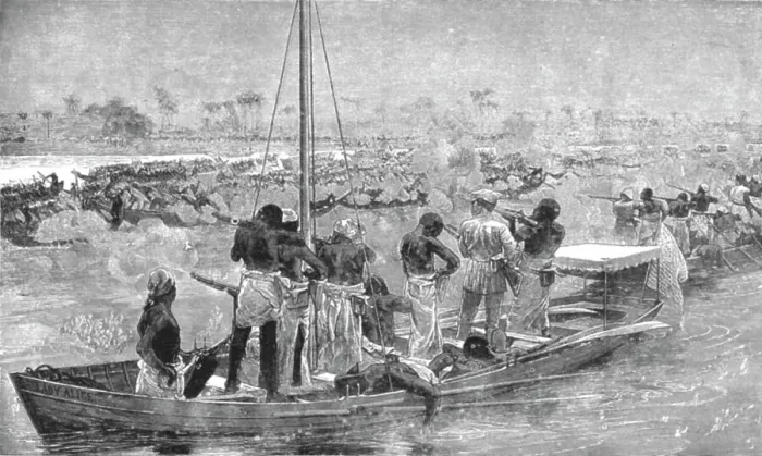 Framed Print : The Graphic Stanley Number; Bangala Courtesies, fight with the Bangala, 1890. Creator: Unknown Framed Print : The Graphic Stanley Number; Bangala Courtesies, fight with the Bangala, 1890. Creator: Unknown