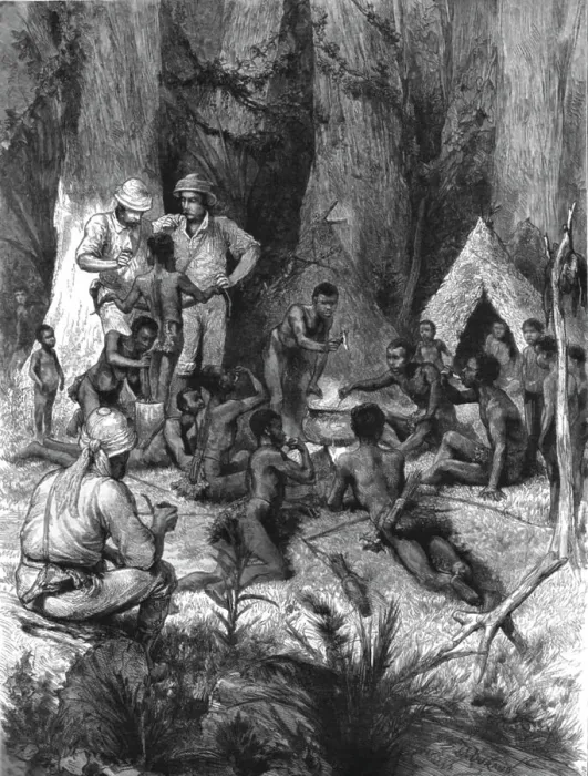 Framed Print : The Graphic Stanley Number; Forest Dwarfs Eating Snakes, 1890. Creator: Unknown Framed Print : The Graphic Stanley Number; Forest Dwarfs Eating Snakes, 1890. Creator: Unknown
