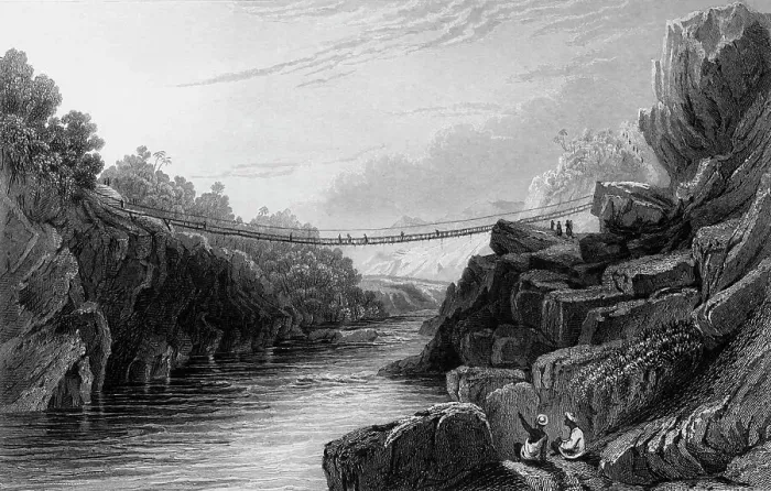 Framed Print : Grass Rope Bridge at Teree, - Gurwall, 1834. Creator: David Cox Framed Print : Grass Rope Bridge at Teree, - Gurwall, 1834. Creator: David Cox