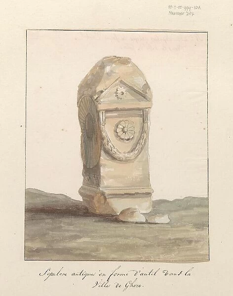 Grave monument in the form of classical altar in the city of Gozo, 1778. Creator: Louis Ducros