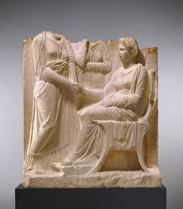 Framed Print : Grave Naiskos of a Seated Woman with Two Standing Women, about 340 BC. Creator: Unknown Framed Print : Grave Naiskos of a Seated Woman with Two Standing Women, about 340 BC. Creator: Unknown