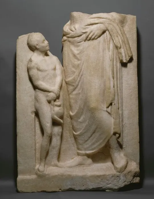Framed Print : Grave Naiskos of a Standing Youth and a Nude Boy, about 360 BC or modern. Creator: Unknown Framed Print : Grave Naiskos of a Standing Youth and a Nude Boy, about 360 BC or modern. Creator: Unknown