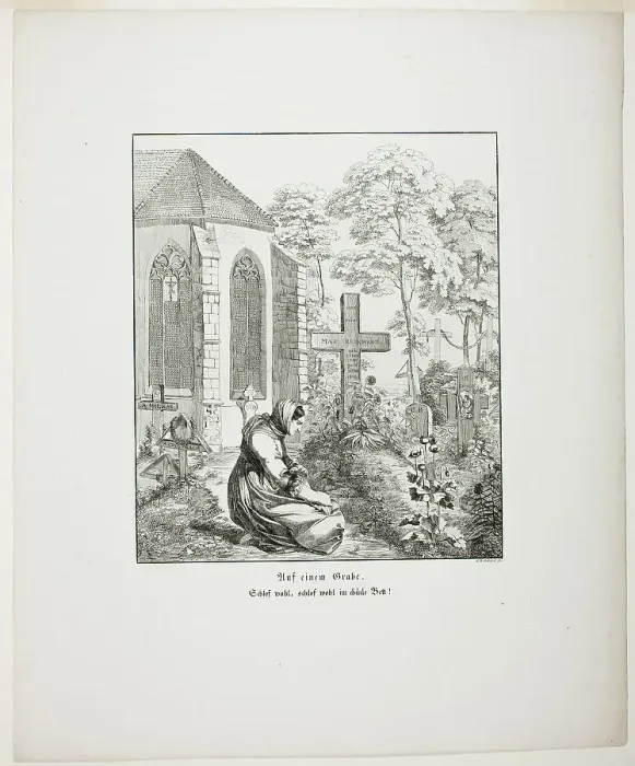 Framed Print : On a Grave, plate nine from Zehn Blätter zu Hebels Alemannischen Gedichten, 1820. Creator: Sophie Reinhard Framed Print : On a Grave, plate nine from Zehn Blätter zu Hebels Alemannischen Gedichten, 1820. Creator: Sophie Reinhard