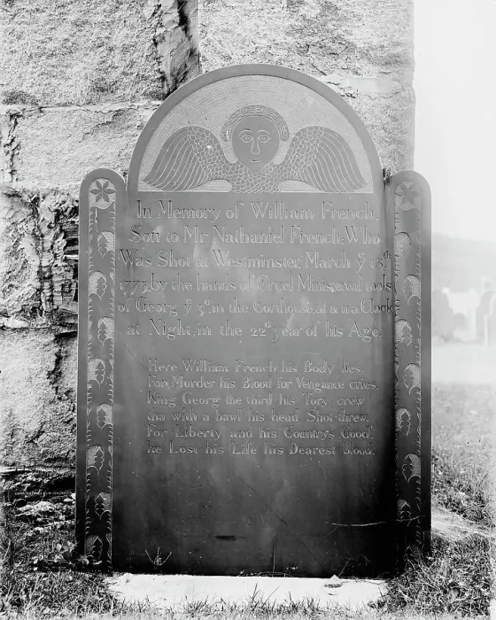 Framed Print : Gravestone of first man killed in Revolutionary War, Westminster, Vt. c.between 1900 and 1910. Creator: Unknown Framed Print : Gravestone of first man killed in Revolutionary War, Westminster, Vt. c.between 1900 and 1910. Creator: Unknown