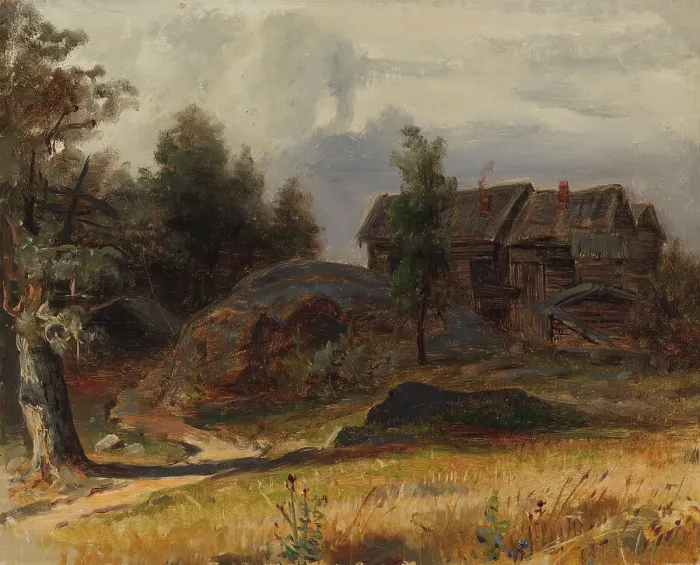 Framed Print : Gray log building in the landscape. Creator: Johan Knutson Framed Print : Gray log building in the landscape. Creator: Johan Knutson