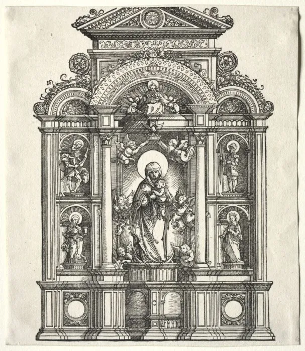 Framed Print : Great Altar with the Virgin, in a border with SS. Christopher, George, Barbara, Catherine, 1520 Framed Print : Great Altar with the Virgin, in a border with SS. Christopher, George, Barbara, Catherine, 1520