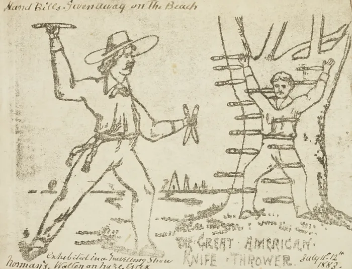 Framed Print : The Great American Knife Thrower, 1883. Creator: Unknown Framed Print : The Great American Knife Thrower, 1883. Creator: Unknown