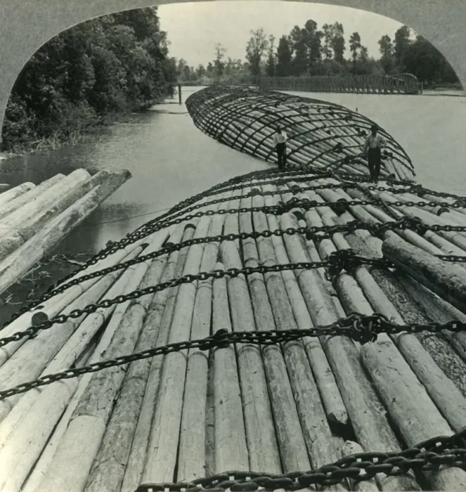 Framed Print : Great Chained Log Rafts on the Columbia River, Wash. c1930s. Creator: Unknown Framed Print : Great Chained Log Rafts on the Columbia River, Wash. c1930s. Creator: Unknown