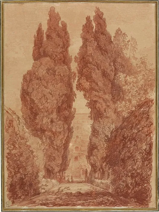 Framed Print : The Great Cypresses of the Villa d'Este (Les Grands Cyprès de la villa d'Este), 1760. Creator: Fragonard; Jean Honoré (1732-1806) Framed Print : The Great Cypresses of the Villa d'Este (Les Grands Cyprès de la villa d'Este), 1760. Creator: Fragonard; Jean Honoré (1732-1806)