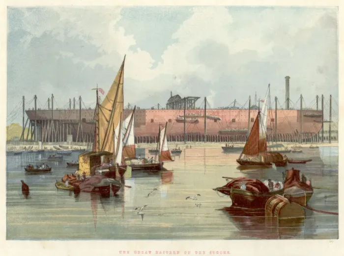 Framed Print : Great Eastern on the stocks at Millwall on the Thames, 1857 Framed Print : Great Eastern on the stocks at Millwall on the Thames, 1857