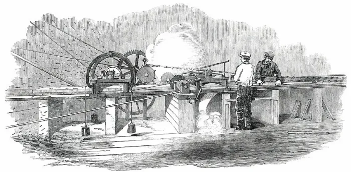 Framed Print : The Great Exhibition Building in Hyde Park - Adzing and Planing Machinery, 1850. Creator: Unknown