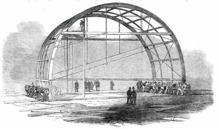 Framed Print : The Great Exhibition Building in Hyde Park - Moving a Pair of Transept Ribs... 1850. Creator: Unknown Framed Print : The Great Exhibition Building in Hyde Park - Moving a Pair of Transept Ribs... 1850. Creator: Unknown