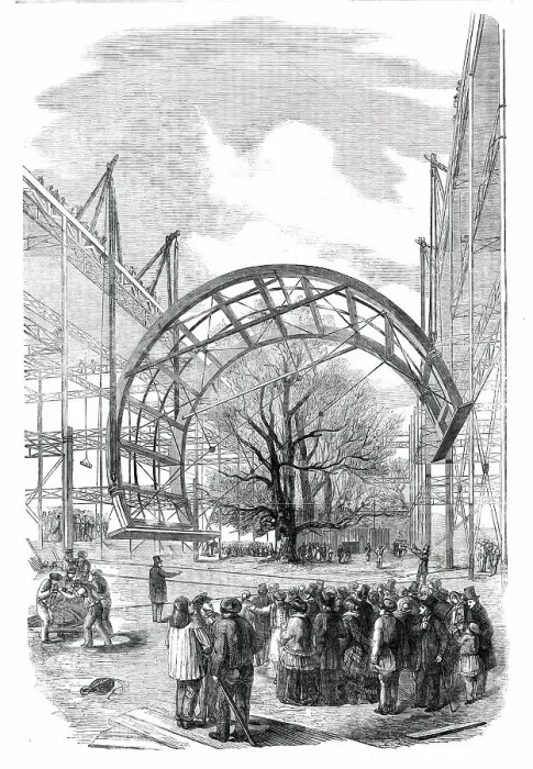 Framed Print : The Great Exhibition Building in Hyde Park - Raising the Ribs of the Transept Roof, 1850. Creator: Unknown Framed Print : The Great Exhibition Building in Hyde Park - Raising the Ribs of the Transept Roof, 1850. Creator: Unknown