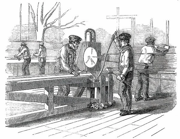 The Great Exhibition Building in Hyde Park - the Sash-Bar Finishing Machine, 1850. Creator: Unknown