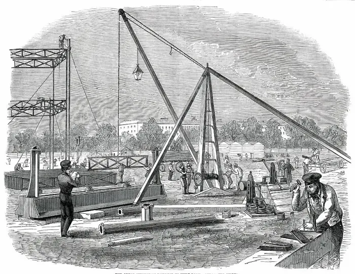Framed Print : The Great Exhibition Building in Hyde Park - Unloading Girders, 1850. Creator: Unknown Framed Print : The Great Exhibition Building in Hyde Park - Unloading Girders, 1850. Creator: Unknown