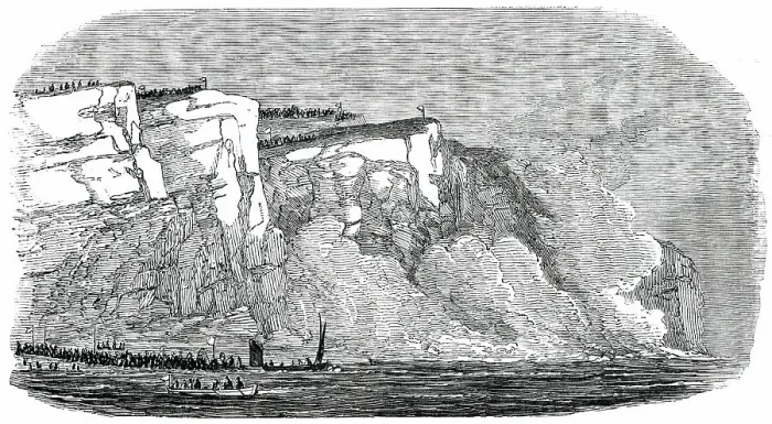 Framed Print : The Great Explosion at Seaford - the Explosion - Cliff Falling, 1850. Creator: Unknown Framed Print : The Great Explosion at Seaford - the Explosion - Cliff Falling, 1850. Creator: Unknown