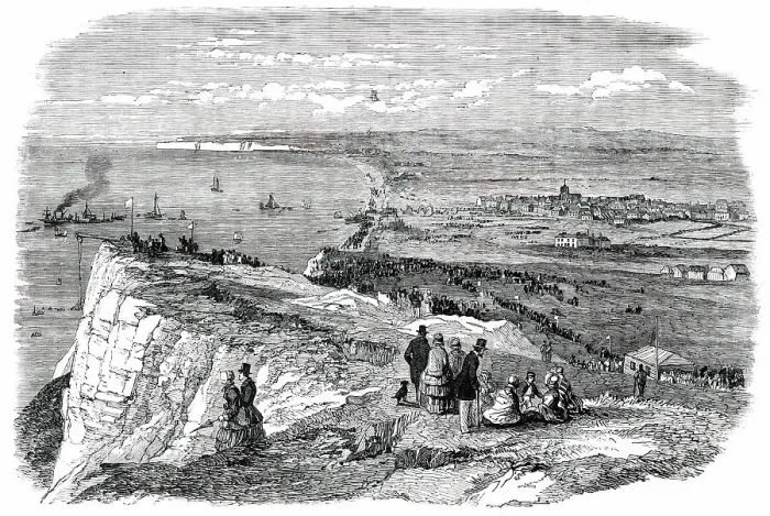 Framed Print : The Great Explosion at Seaford - Seaford Bay and Cliff, 1850. Creator: Unknown Framed Print : The Great Explosion at Seaford - Seaford Bay and Cliff, 1850. Creator: Unknown