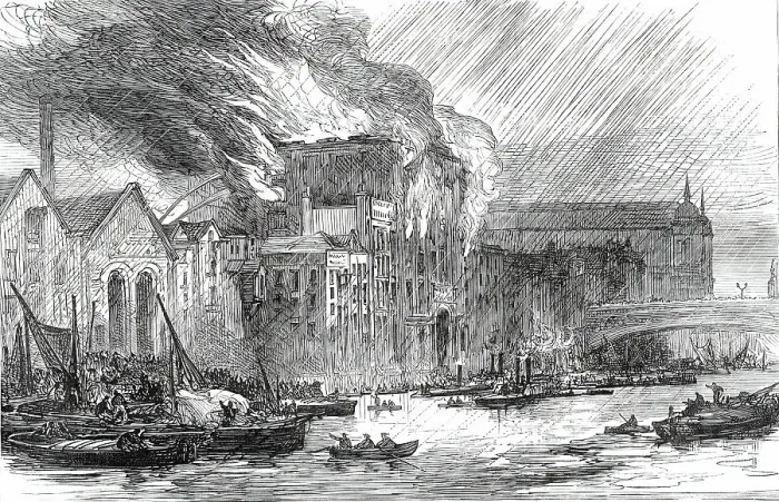 Framed Print : The Great Fire at Brooks's Wharf, Queenhithe, 1876. Creator: Unknown Framed Print : The Great Fire at Brooks's Wharf, Queenhithe, 1876. Creator: Unknown