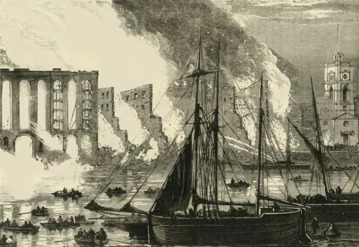 Framed Print : The Great Fire at Cottons Wharf Tooley Street, 1861, (c1878). Creator: Unknown Framed Print : The Great Fire at Cottons Wharf Tooley Street, 1861, (c1878). Creator: Unknown