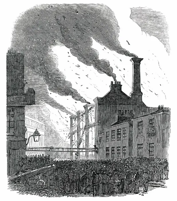 Framed Print : Great Fire in Guildford-Street, Belvidere-Road, 1850. Creator: Unknown Framed Print : Great Fire in Guildford-Street, Belvidere-Road, 1850. Creator: Unknown