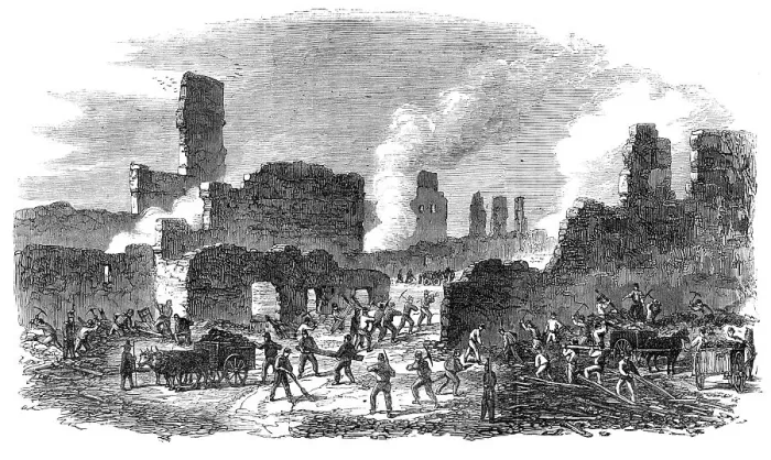 Framed Print : The Great Fire at Limoges, France: firemen and soldiers clearing out a portion of the ruins…, 1864. Creator: Unknown Framed Print : The Great Fire at Limoges, France: firemen and soldiers clearing out a portion of the ruins…, 1864. Creator: Unknown
