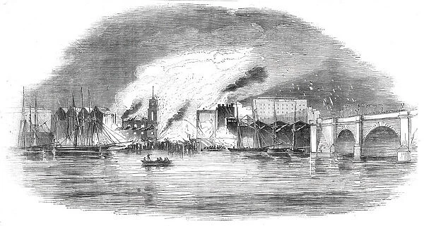 The Great Fire near London Bridge, view of the fire from the river, 1843