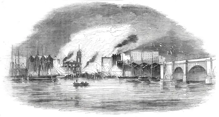 Framed Print : The Great Fire near London Bridge, view of the fire from the river, 1843 Framed Print : The Great Fire near London Bridge, view of the fire from the river, 1843