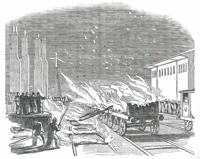 Framed Print : Great Fire at the Southern and Western Railway Station, Cork, 1850. Creator: Unknown Framed Print : Great Fire at the Southern and Western Railway Station, Cork, 1850. Creator: Unknown