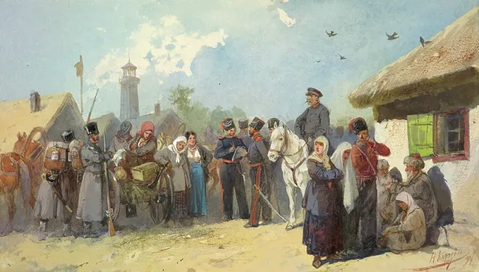 Framed Print : The Great-Great-Grandmothers of Siberian Cossacks Arrival of a Party of Wives, 19th century. Creator: Nikolay Nikolaevich Karazin. The Great-Great-Grandmothers of Siberian Cossacks Arrival of a Party of Wives, 19th century Framed Print : The Great-Great-Grandmothers of Siberian Cossacks Arrival of a Party of Wives, 19th century. Creator: Nikolay Nikolaevich Karazin. The Great-Great-Grandmothers of Siberian Cossacks Arrival of a Party of Wives, 19th century