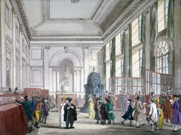 Framed Print : The Great Hall at Bank of England, City of London, 1809; with customers. and employees Framed Print : The Great Hall at Bank of England, City of London, 1809; with customers. and employees