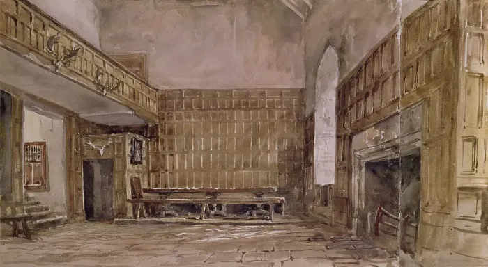 Framed Print : The Great Hall, Haddon Hall, c1830s. Creator: David Cox the Elder Framed Print : The Great Hall, Haddon Hall, c1830s. Creator: David Cox the Elder