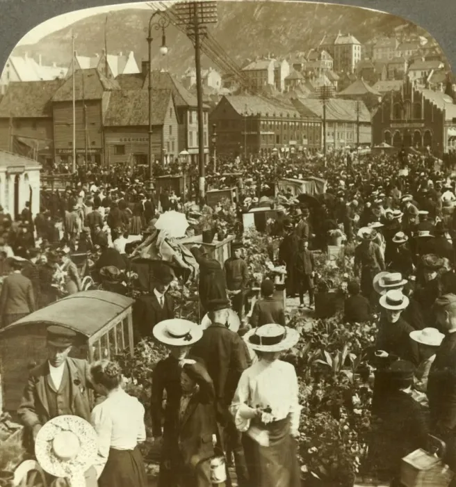 Framed Print : Great market-place of busy Bergen, the flower market N. to the fish market, Norway, c1905 Framed Print : Great market-place of busy Bergen, the flower market N. to the fish market, Norway, c1905