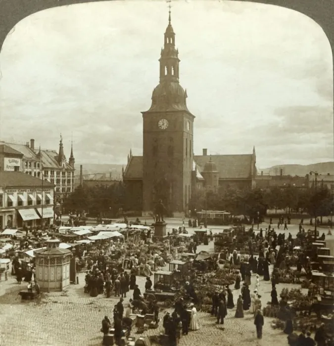 Framed Print : The Great Market around statue Christian IV, Christiania, Norway, c1905 Framed Print : The Great Market around statue Christian IV, Christiania, Norway, c1905