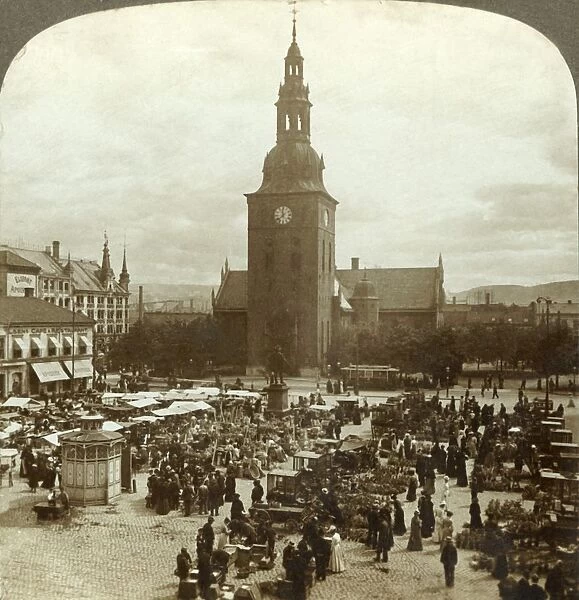 The Great Market around statue Christian IV, Christiania, Norway, c1905