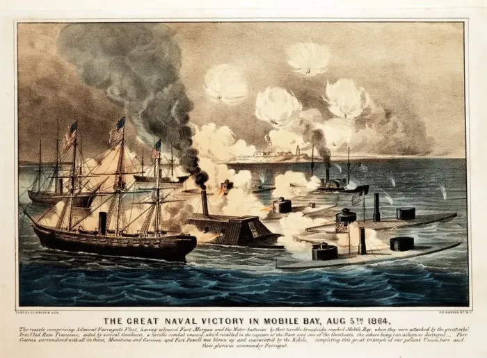 Framed Print : Great Naval Victory in Mobile Bay, Aug. 5th 1864, pub. 1864. Creator: American School Framed Print : Great Naval Victory in Mobile Bay, Aug. 5th 1864, pub. 1864. Creator: American School