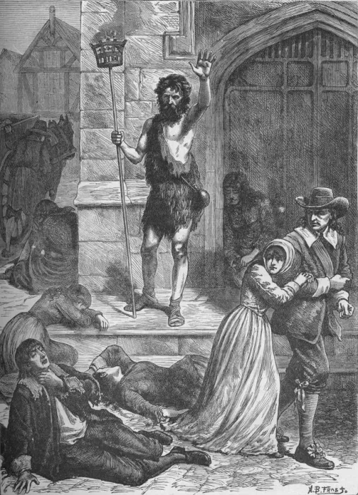 Framed Print : The Great Plague: the Maniac Pronouncing the Doom of London, 1665-1666 (1905). Artist: AB Frost Framed Print : The Great Plague: the Maniac Pronouncing the Doom of London, 1665-1666 (1905). Artist: AB Frost